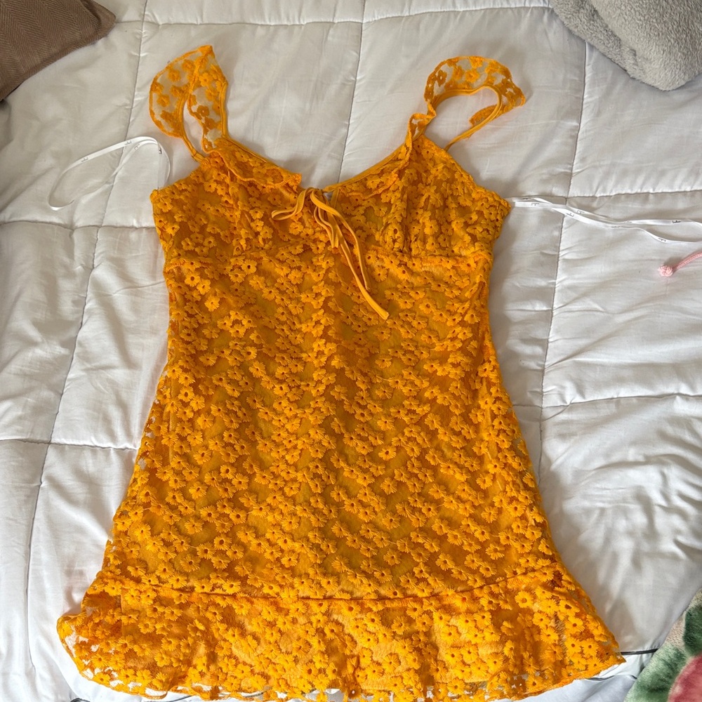 Lulu's Bright Orange Floral Lace Mini Dress
